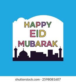  Create glowing neon typography of "Happy Eid Mubarak" against a dark urban backdrop for a striking digital design.