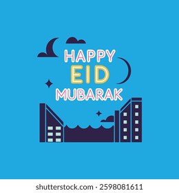  Create glowing neon typography of "Happy Eid Mubarak" against a dark urban backdrop for a striking digital design.