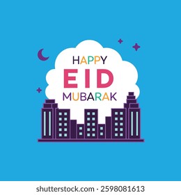  Create glowing neon typography of "Happy Eid Mubarak" against a dark urban backdrop for a striking digital design.