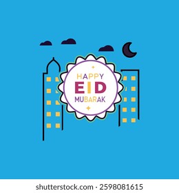  Create glowing neon typography of "Happy Eid Mubarak" against a dark urban backdrop for a striking digital design.