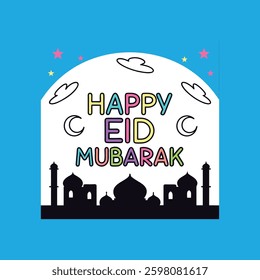  Create glowing neon typography of "Happy Eid Mubarak" against a dark urban backdrop for a striking digital design.