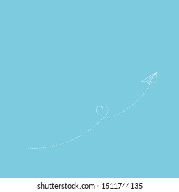 Create good idea and work with heart concept, The white paper plane outline stoke fly by heart to goal, 