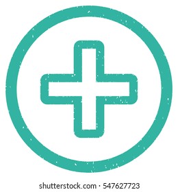 Create grainy textured icon for overlay watermark stamps. Flat symbol with dirty texture. Dotted vector cyan ink rubber seal stamp with grunge design on a white background.