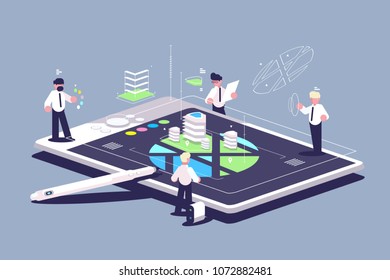 Create graphic design building using tablet. Creation team. Vector illustration