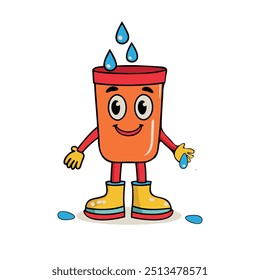 Create a groovy vector illustration of a glass with a drink, featuring a playful, cartoon style with eyes, arms, and legs, perfect for fun and engaging branding