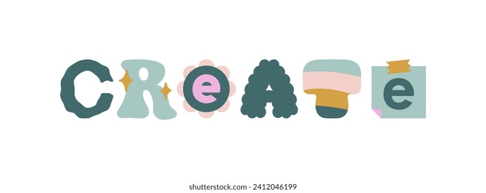 Create hand drawn lettering. Arts disciplines in education. Can be used in social media, web design. For posters, banners, greeting card design. Cute vector illustration in pastel colors.
