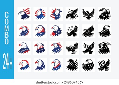 Create a highly detailed bald eagle silhouette vector with red and blue stars and stripes Simple clean patriotic design on a white background