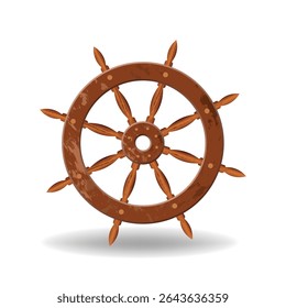 Create a highly detailed vector illustration of a ship's helm, showcasing intricate wood grain and metal details. Include ropes and a complete wheel