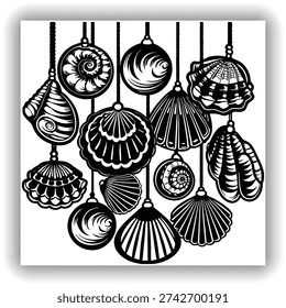 Create a highly realistic, high-resolution image of a collection of assorted sea shells suspended in mid-air or artistically arranged on a clean white background. Include a variety of shell types such