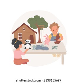 Create homes for toy animal isolated cartoon vector illustration. Child plays with toy animals, building home game, thinking skills, kindergarten creative activity, daycare vector cartoon.