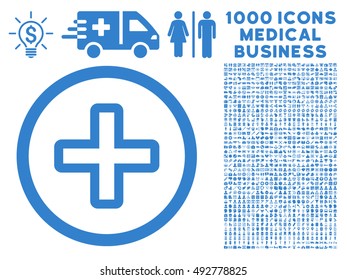 Create icon with 1000 medical business cobalt vector pictographs. Collection style is flat symbols, white background.