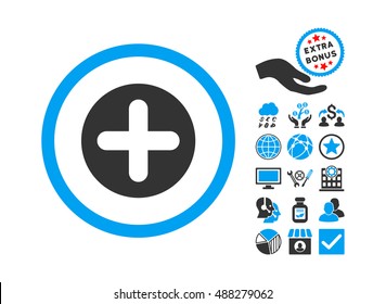 Create icon with bonus clip art. Vector illustration style is flat iconic bicolor symbols, blue and gray colors, white background.