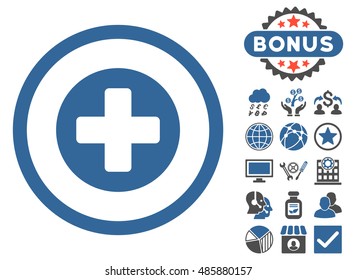 Create icon with bonus elements. Vector illustration style is flat iconic bicolor symbols, cobalt and gray colors, white background.