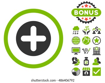 Create icon with bonus images. Vector illustration style is flat iconic bicolor symbols, eco green and gray colors, white background.