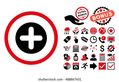 Create icon with bonus images. Vector illustration style is flat iconic bicolor symbols, intensive red and black colors, white background.