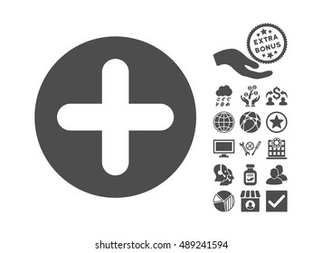 Create icon with bonus images. Vector illustration style is flat iconic symbols, gray color, white background.