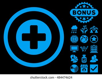 Create icon with bonus pictogram. Vector illustration style is flat iconic symbols, blue color, black background.