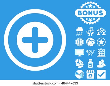 Create icon with bonus pictures. Vector illustration style is flat iconic symbols, white color, blue background.