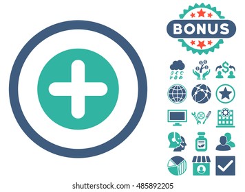Create icon with bonus pictures. Vector illustration style is flat iconic bicolor symbols, cobalt and cyan colors, white background.