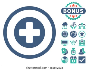 Create icon with bonus pictures. Vector illustration style is flat iconic bicolor symbols, cobalt and cyan colors, white background.