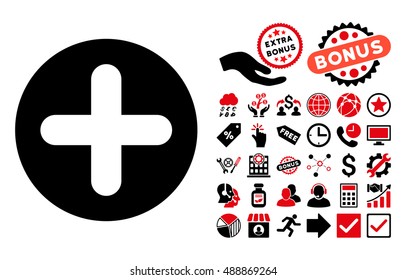 Create icon with bonus pictures. Vector illustration style is flat iconic bicolor symbols, intensive red and black colors, white background.