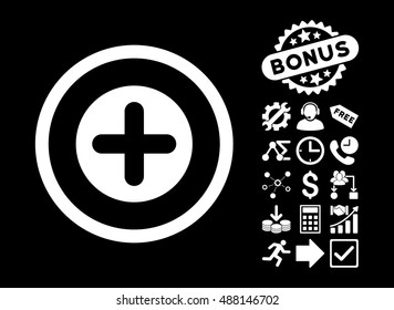 Create icon with bonus icon set. Vector illustration style is flat iconic symbols, white color, black background.