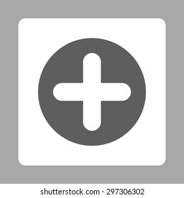 Create icon from Primitive Buttons OverColor Set. This rounded square flat button is drawn with dark gray and white colors on a silver background.