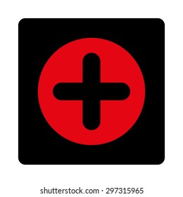 Create icon from Primitive Buttons OverColor Set. This rounded square flat button is drawn with intensive red and black colors on a white background.