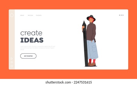 Crear plantilla de página de inicio de ideas. Persona creativa, diseñadora o artista Carácter femenino usar ropa de moda con una enorme herramienta de lápiz digital para dibujar en Tablet Pc. Ilustración de vectores de personas de caricatura
