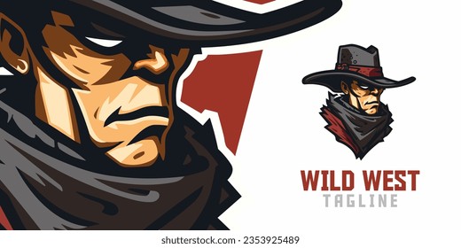 Create an Illustrated Wild West Cowboy Logo, Mascot, and Illustration with Vector Graphics for Sport and E-Sport Gaming Teams, featuring a Western Bandit Mascot Head.
