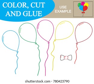 Create the image of balloons. Worksheet. Color, cut and glue. Game for children. 