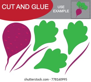 Create the image of beet (vegetable) using scissors and glue. Educational game for children. Vector illustration.