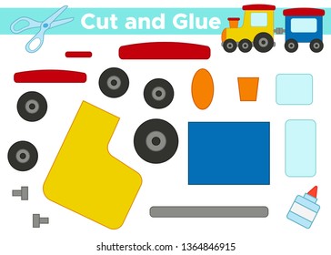 Create the image, cut and glue. Vector train. Educational paper game for preschool children.