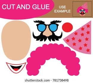 Create the Image of head of clown with cap using scissors and glue. Game for children.