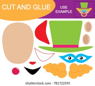 Create the Image of head of clown using scissors and glue. Game for children.