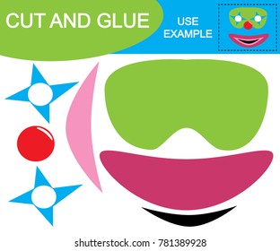 Create the image of mask of clown using scissors and glue. Educational game for children. Vector illustration.