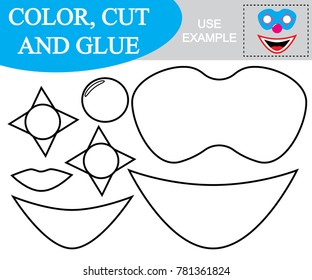 Create the image of mask of clown. Worksheet. Color, cut and glue. Game for children. 