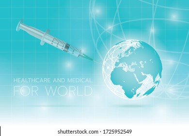 Create image a syringe and the earth on a cyan background, Healthcare and Medical for the world, The World health day.