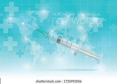 Create image a syringe on the world map and abstract geometric medical cross shape medicine and science concept cyan background, Healthcare and Medical for the world, The World health day.
