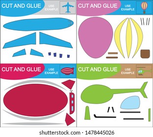 Create the images of air transports. Cut and glue, paper game for kids. Vector illustration.
