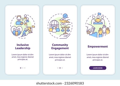 Create inclusive environment onboarding mobile app screen. Walkthrough 3 steps editable graphic instructions with linear concepts. UI, UX, GUI template. Myriad Pro-Bold, Regular fonts used