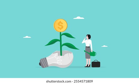 create income with knowledge concept illustration. never give up and fix mistakes at work to invent new innovation. businesswoman managed to grow plants from broken light bulbs illustration