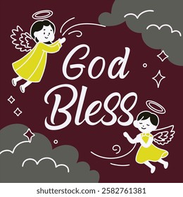 Create an inspiring illustration of a serene countryside at sunrise, with soft golden rays of light breaking through the clouds. In the sky, subtle text reads 'God Bless' in elegant, glowing calligrap