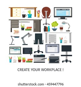 Create interior working place isolated colored icon set with headline create your workplace vector illustration