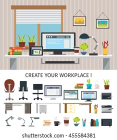 Create interior workplace concept with isolated icon set at the bottom on workplace design theme vector illustration