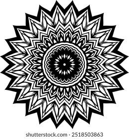 Create an Intricate Black and White Mandala Design Featuring Symmetrical Geometric Patterns