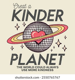 Create a kinder planet. Futuristic illustration of world retro poster t shirt design, sticker, batch, background, poster and others. Create a love planet. Meet me at the disco. Disco party.