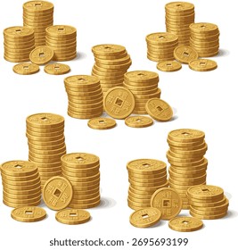 Create a kinds of deferent 3d render of chinese pile of golden coins. vector art with white background..