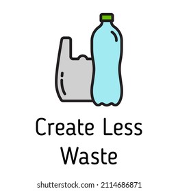 create less waste sign color filled vector icon isolated on white background. plastic bag and bottle with create less waste lettering. zero waste eco concept. recycle line icon for web, mobile and ui