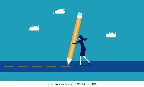 Create a life path. businesswoman draws a road line. vector illustration